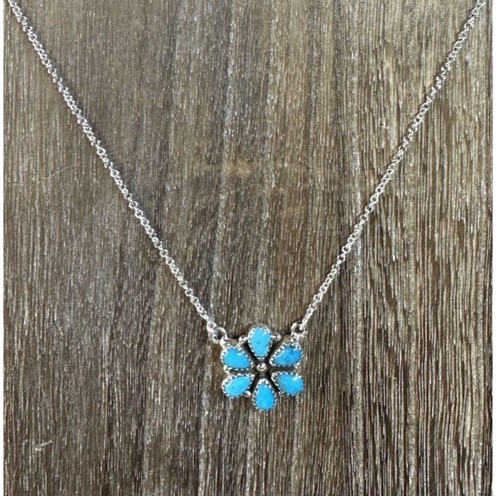 Native Southwest Sterling Silver Blue Ridge Turquoise Cluster Necklace 18-20”